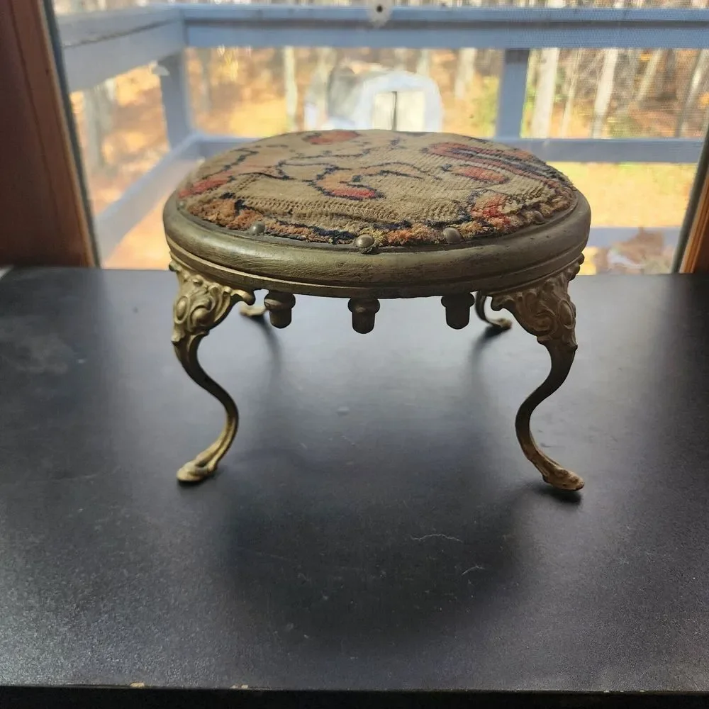 Antique Cast Iron & Wood Foot Stool Georgian Style Upholstered Turkish Tapestry